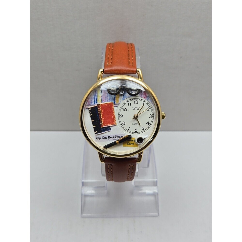 Whimsical Gifts Book Lover 3D Watch Gold Tone Quartz Leather USA New Battery